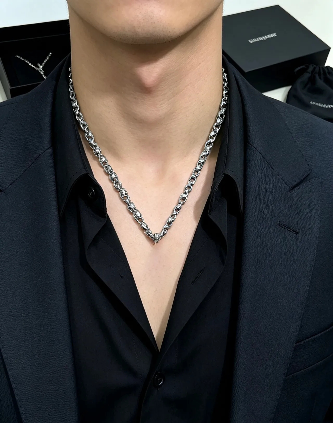 Saint Laurent Silver Black Sculpted Link Textured Surface Necklace 8