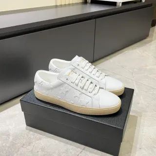 Saint Laurent White Beige Leather Upper Embossed Star Pattern Lifestyle Sneakers