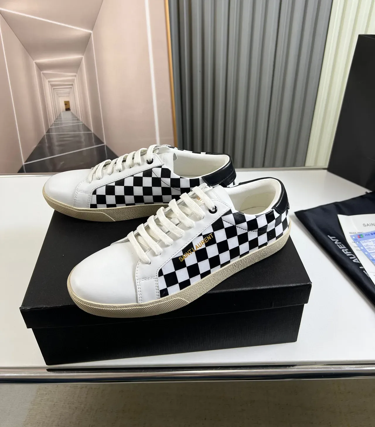 Saint Laurent White Black Checkerboard Panel Gold Logo Lifestyle Sneakers 7