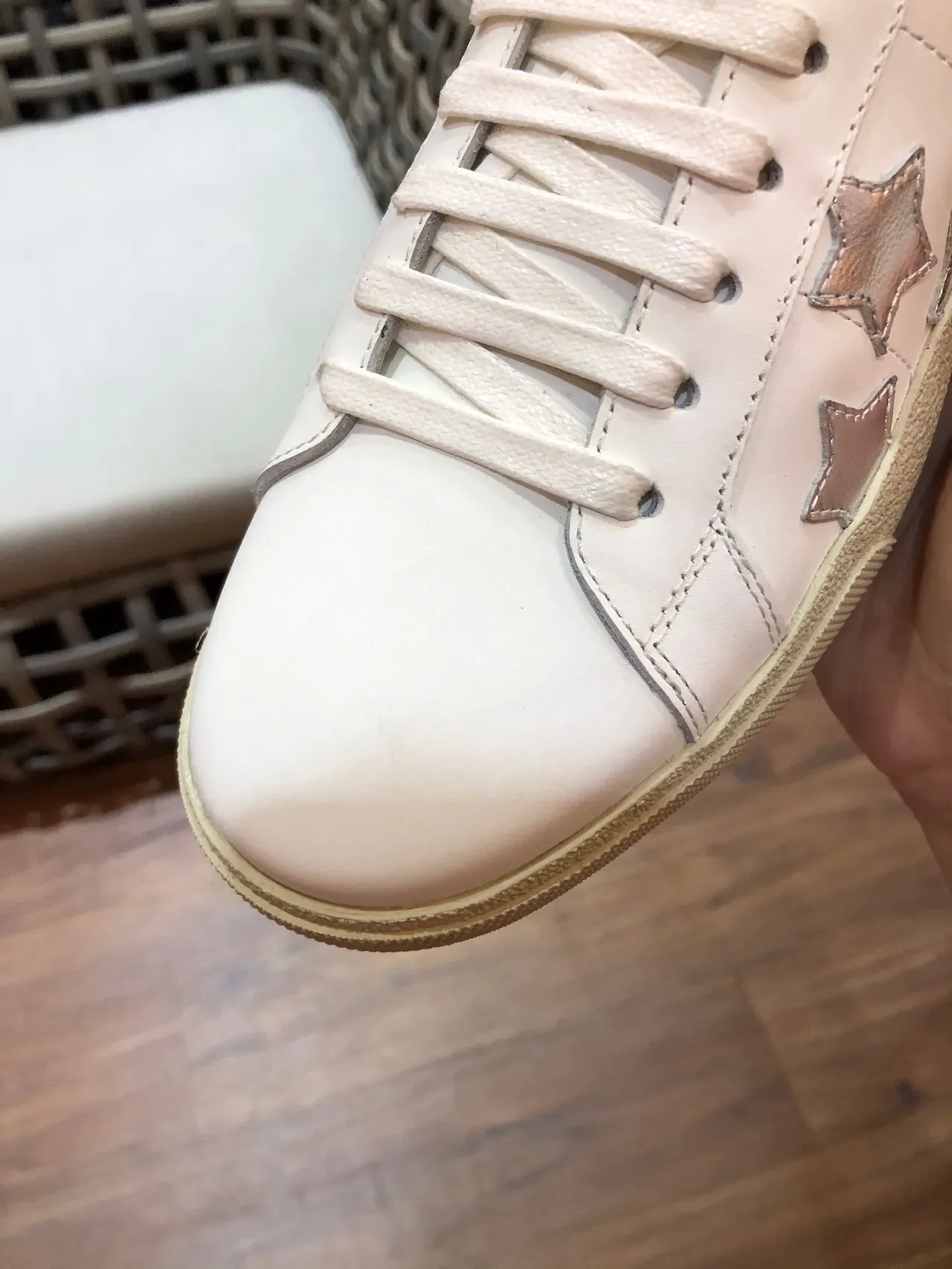 Saint Laurent Blanc Noir Cuir Métallique Étoile Découpes Style de Vie Chaussures 4