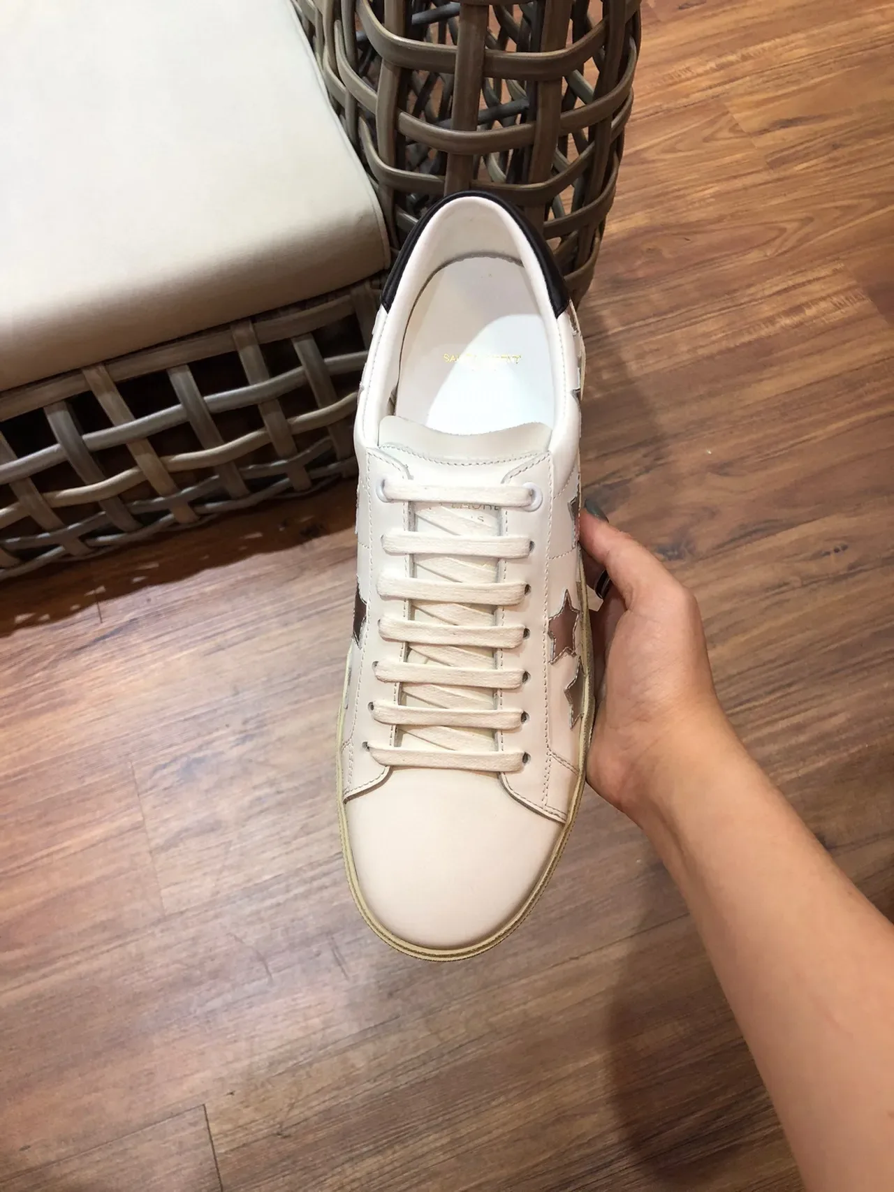 Saint Laurent Blanc Noir Cuir Métallique Étoile Découpes Style de Vie Chaussures 6