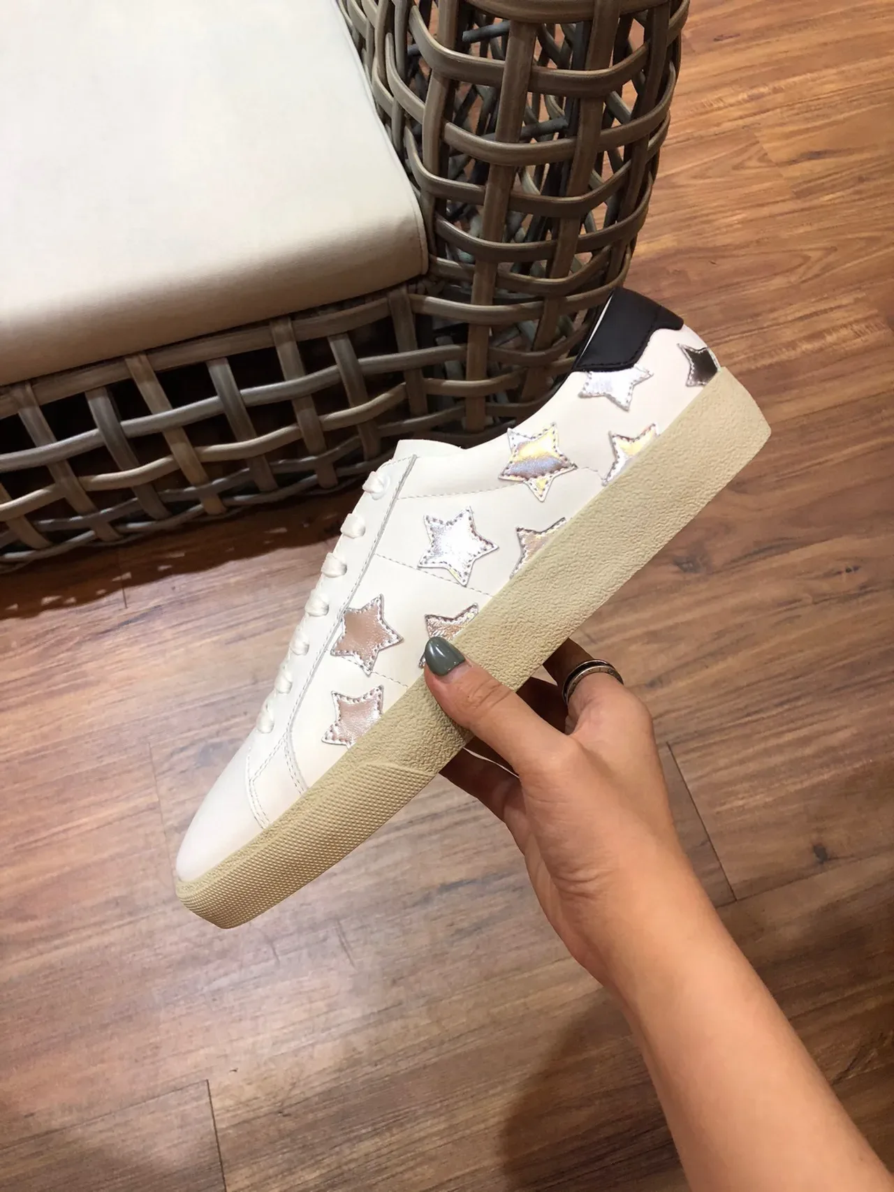 Saint Laurent Blanc Noir Cuir Métallique Étoile Découpes Style de Vie Chaussures 7
