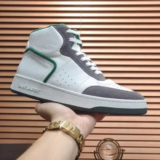Saint Laurent White Gray High-Top Leather-Suede Hybrid Lifestyle Sneakers