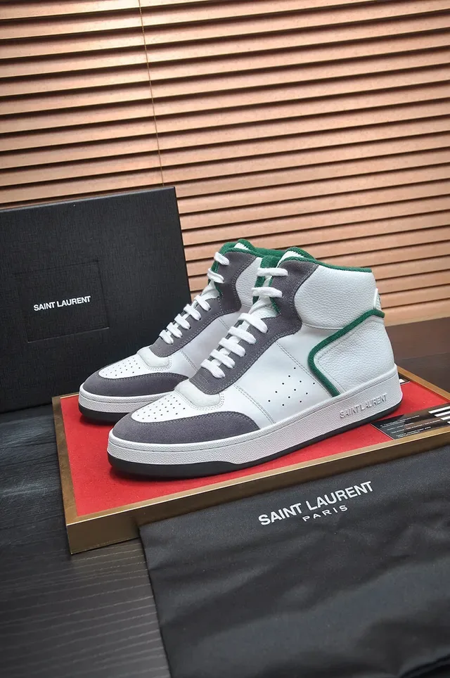 Saint Laurent Sneakers Lifestyle Blancs et Gris Hautes en Cuir-Suede Hybrides 4