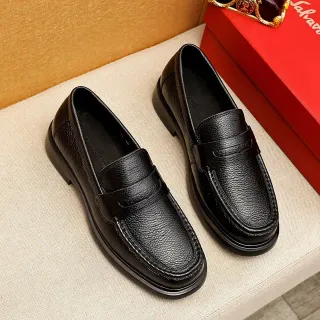 Salvatore Ferragamo Black Pebbled Leather Penny Loafers
