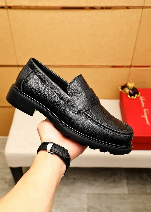 Salvatore Ferragamo Black Pebbled Leather Penny Loafers 4