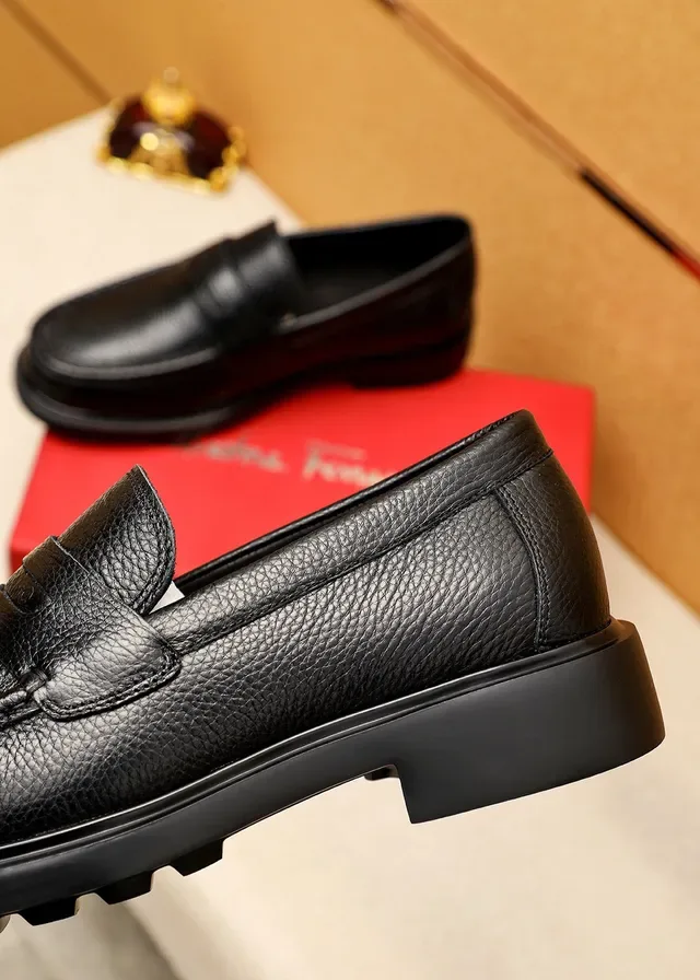 Salvatore Ferragamo Black Pebbled Leather Penny Loafers 7