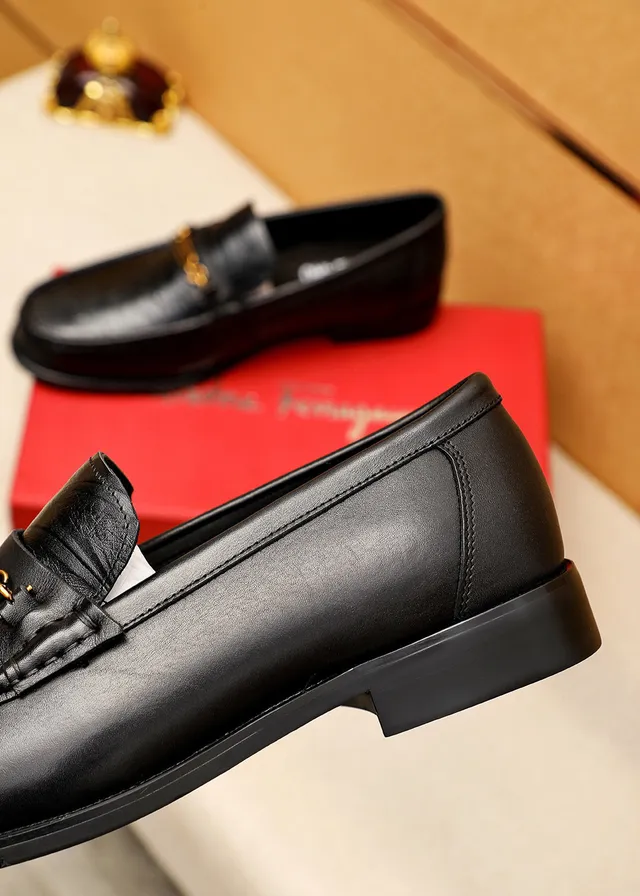 Salvatore Ferragamo Gancini Black Textured Leather Loafers 7