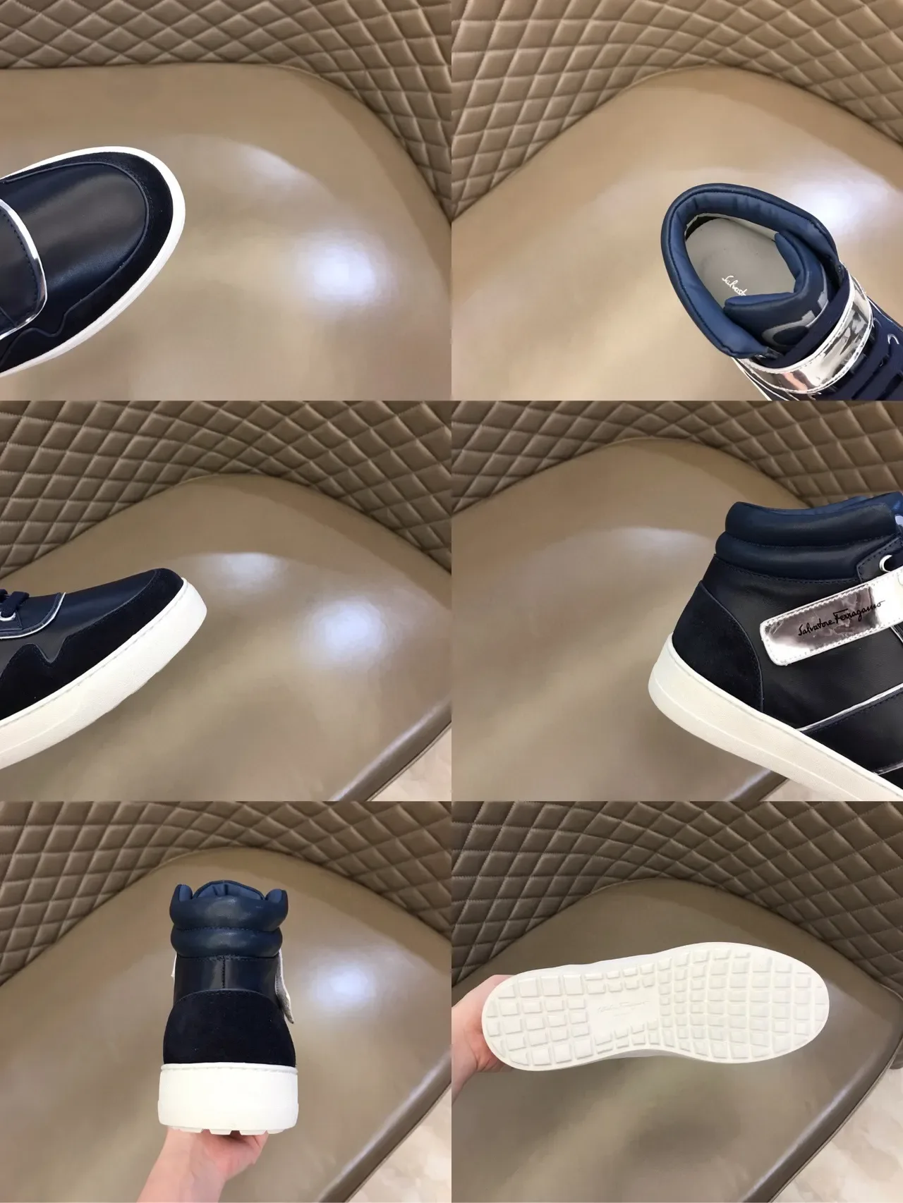 Salvatore Ferragamo Navy Leather High-Top Sneakers 2
