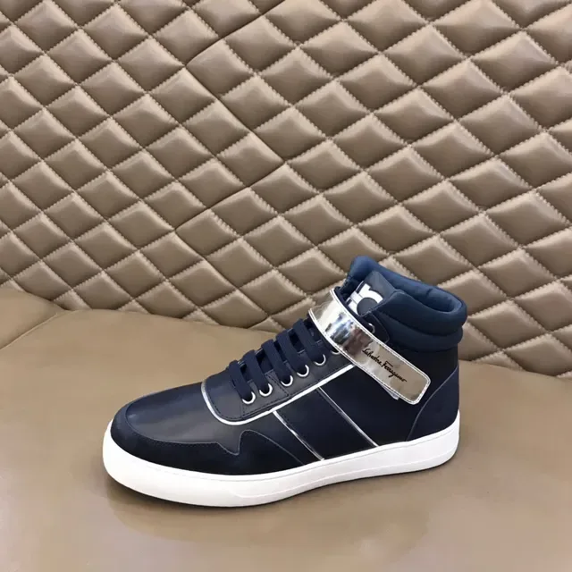 Salvatore Ferragamo Navy Leather High-Top Sneakers 4
