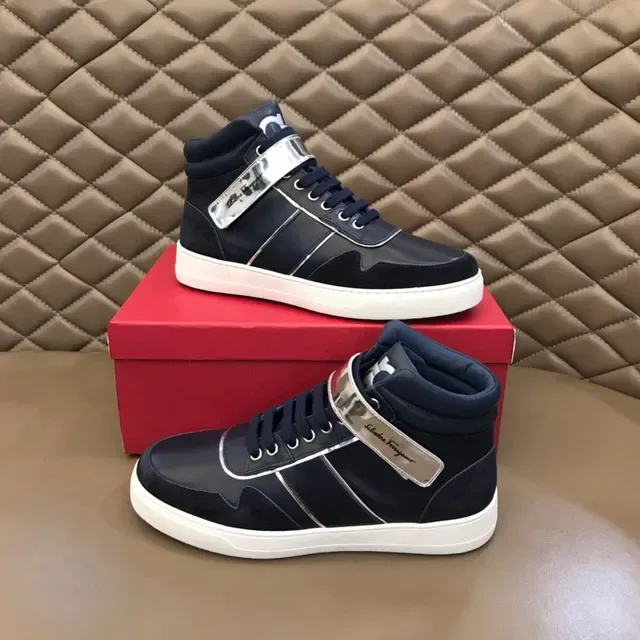 Salvatore Ferragamo Navy Leather High-Top Sneakers 8