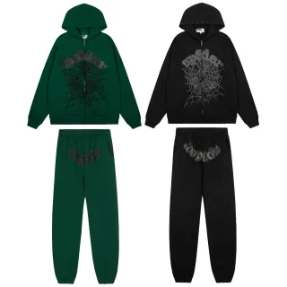 Sp5der Green Black Studded Embroidered Logo Spiderweb Graphic Tracksuit