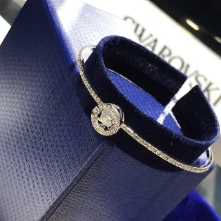 Swarovski Silver Navy Pavé-Crystal Bangle Central Floral-Inspired Motif Bracelet