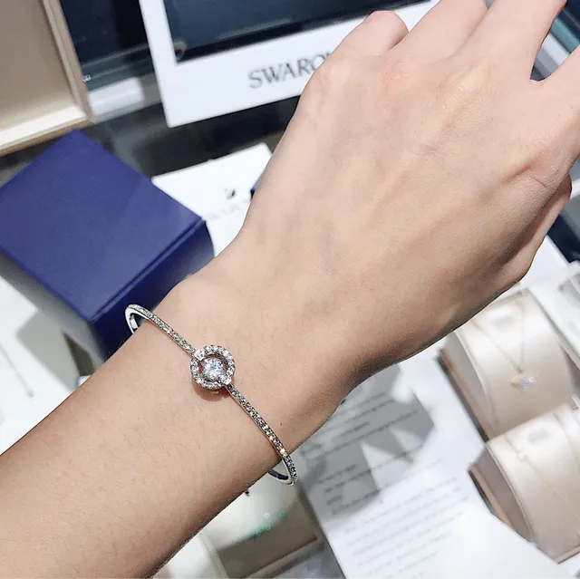 Swarovski Silver Navy Pavé-Crystal Bangle Central Floral-Inspired Motif Bracelet 5