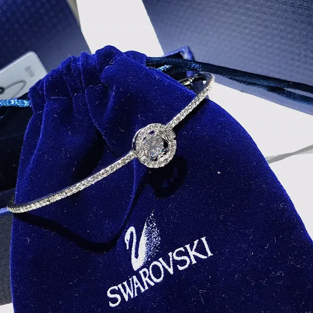 Swarovski Silver Navy Pavé-Crystal Bangle Central Floral-Inspired Motif Bracelet 6