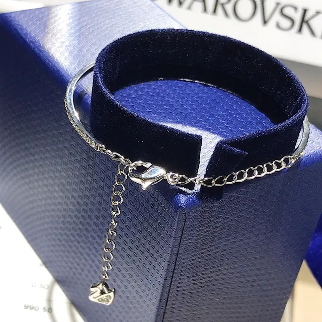 Swarovski Silver Navy Pavé-Crystal Bangle Central Floral-Inspired Motif Bracelet 8