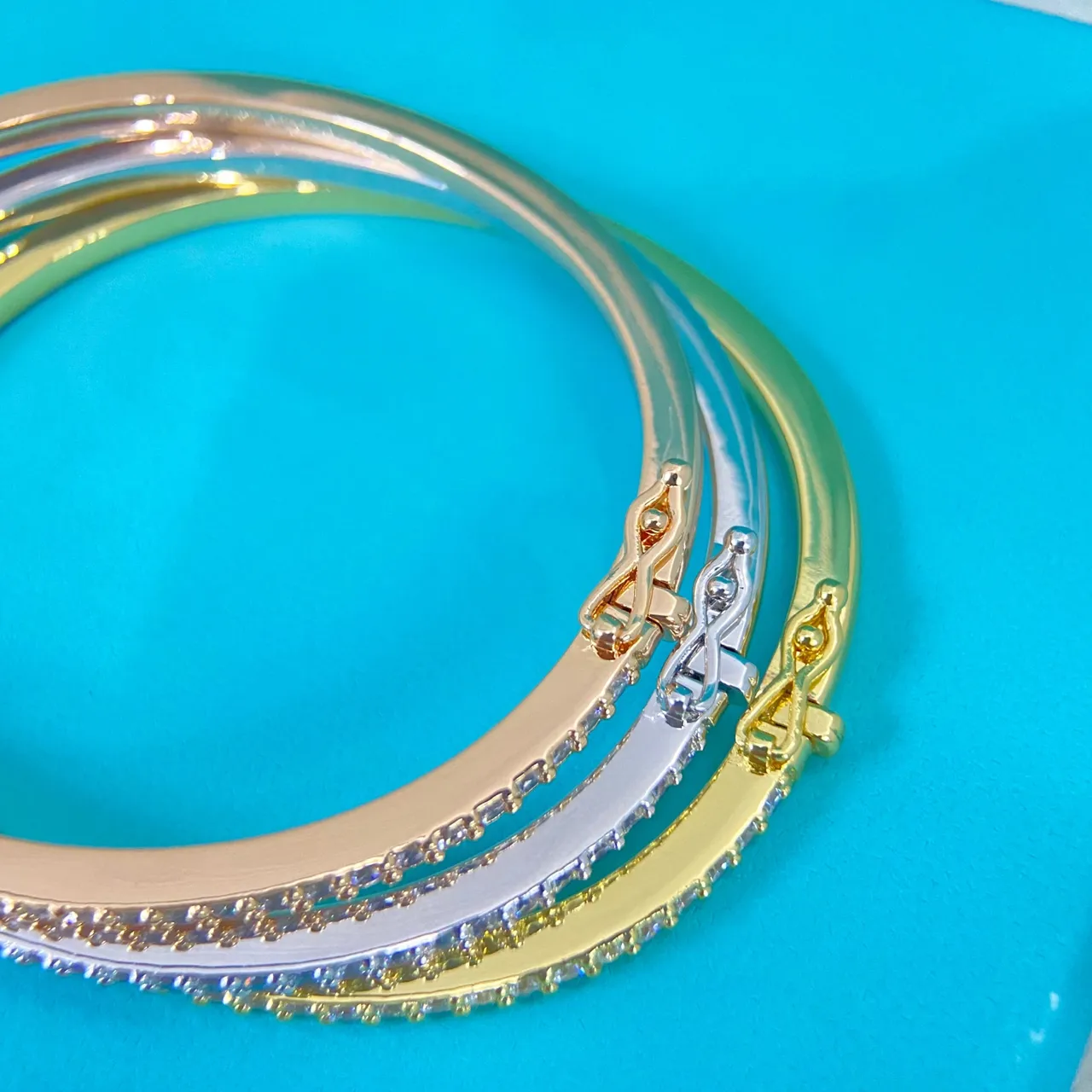 Tiffany & Co. Gold Silver Triple-Row Pavé Hinged Bangle Bracelet 2