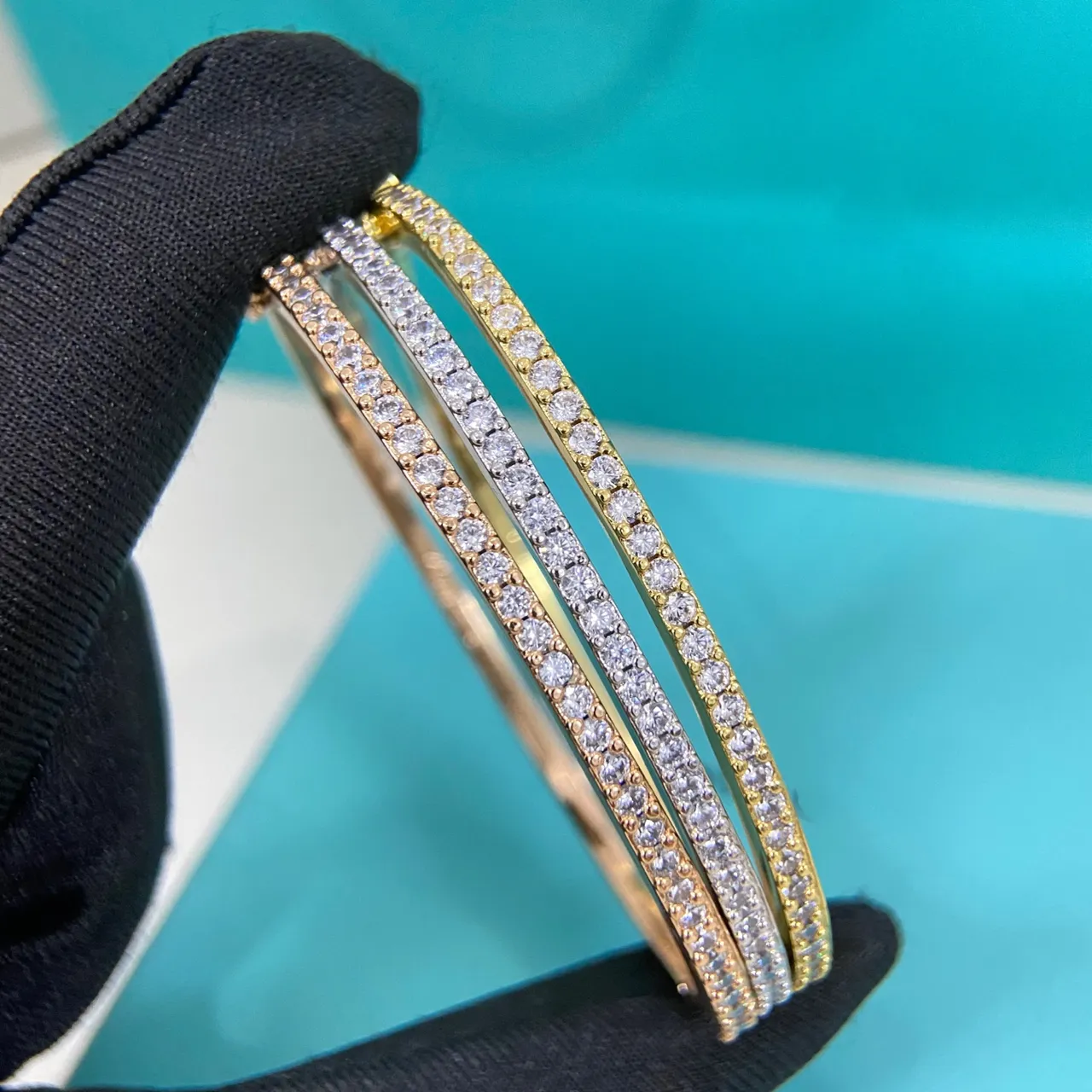 Tiffany & Co. Gold Silver Triple-Row Pavé Hinged Bangle Bracelet 3