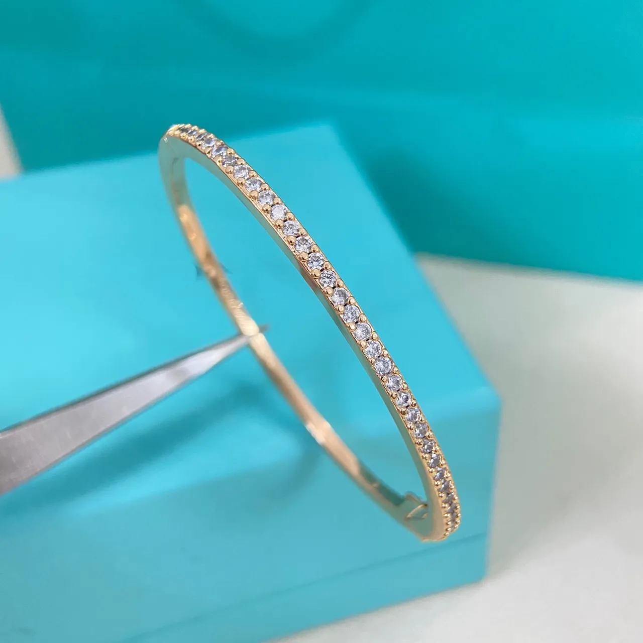 Tiffany & Co. Gold Silver Triple-Row Pavé Hinged Bangle Bracelet 6