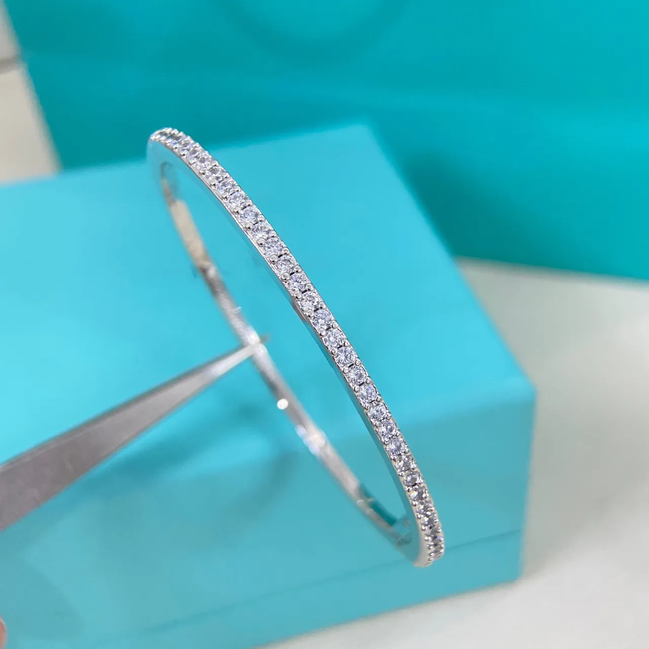 Tiffany & Co. Gold Silver Triple-Row Pavé Hinged Bangle Bracelet 7