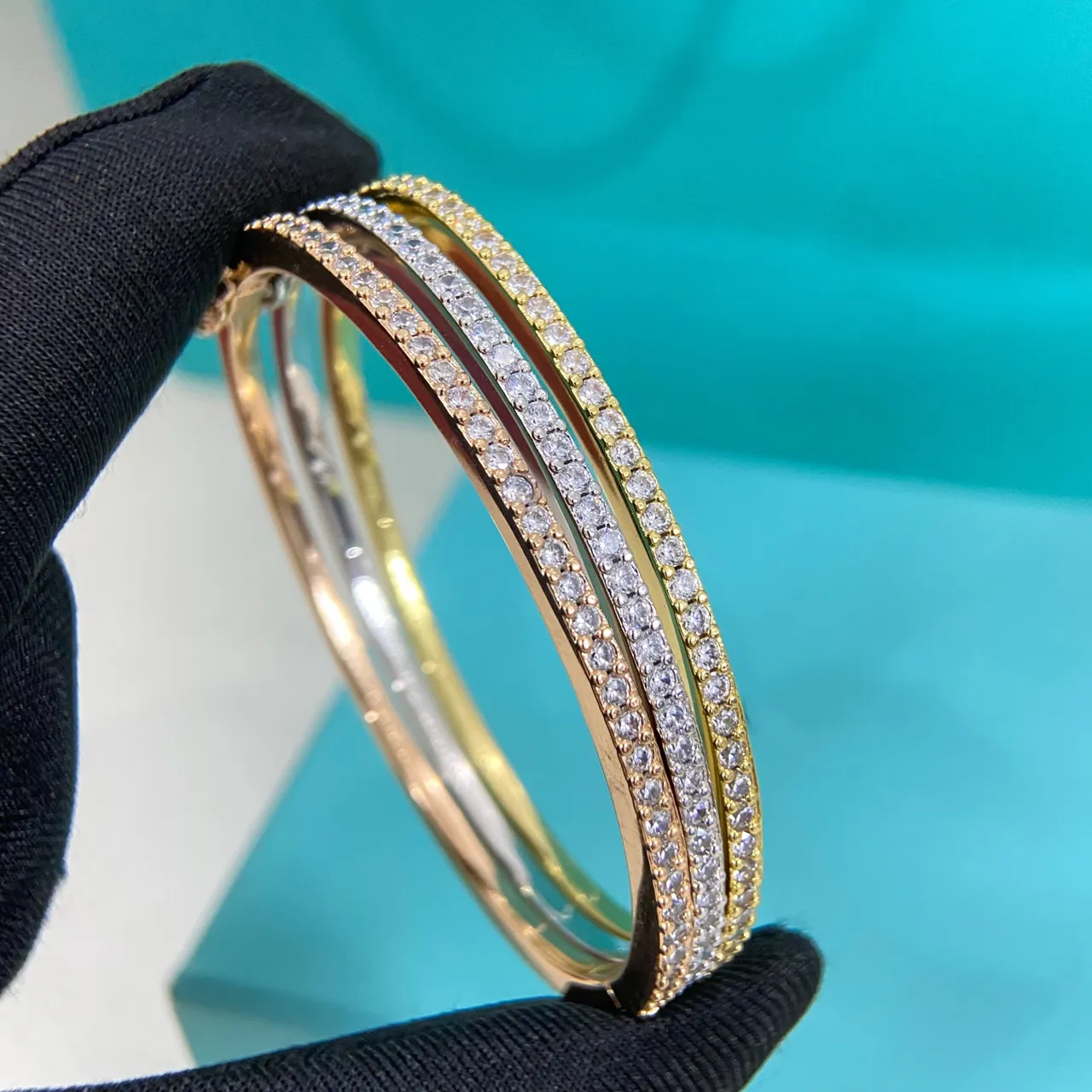 Tiffany & Co. Gold Silver Triple-Row Pavé Hinged Bangle Bracelet 9