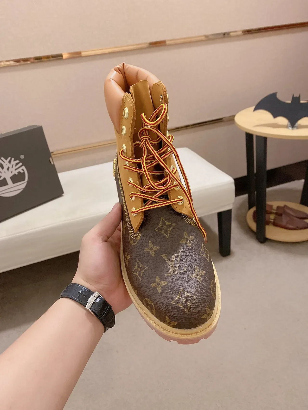 Timberland Premium 6-Inch Monogram Canvas and Tan Leather Work Boot 6