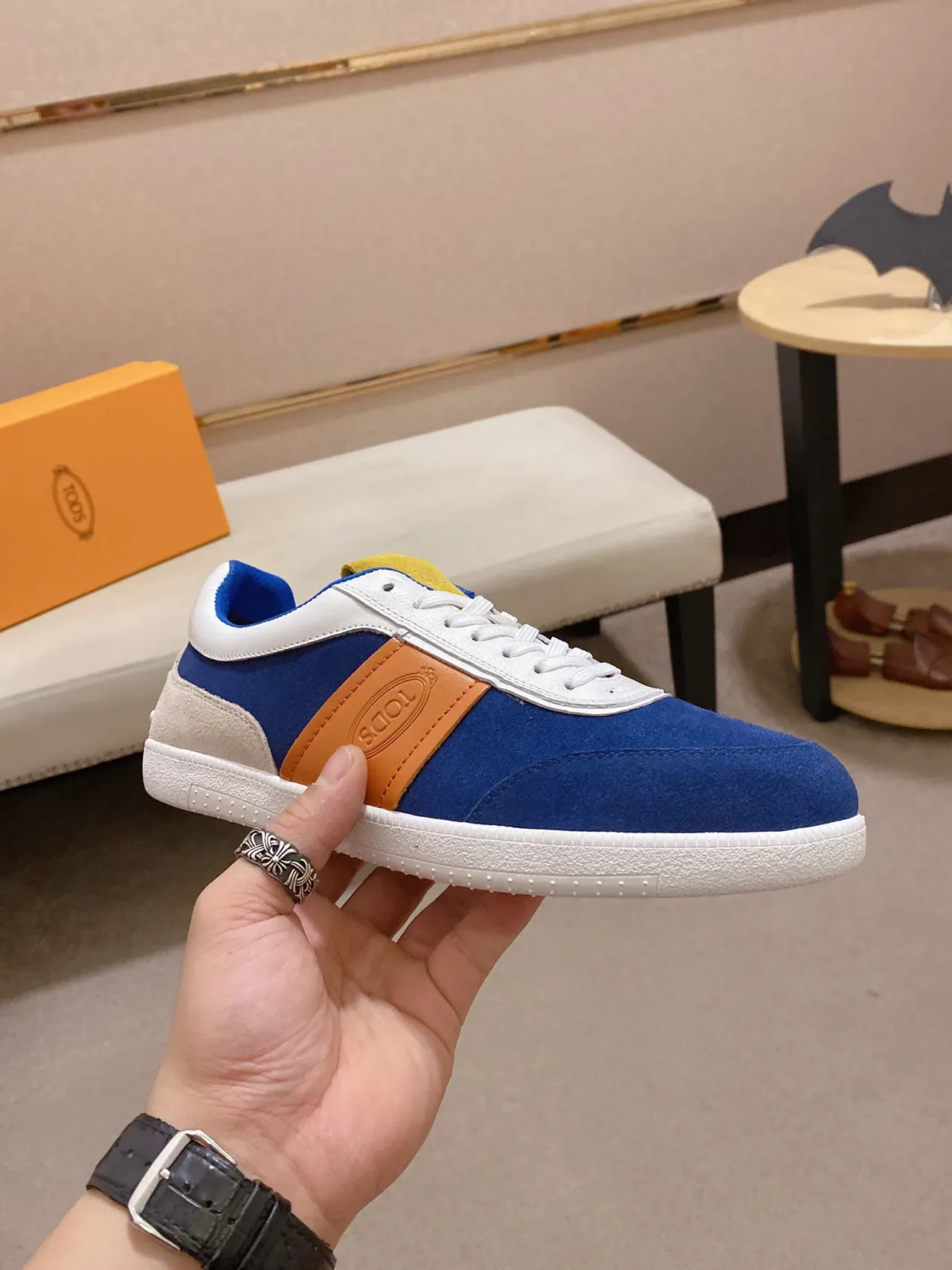 Tod's Navy Beige Camurça Upper Couro Tan Listra Lateral Tênis Lifestyle 6
