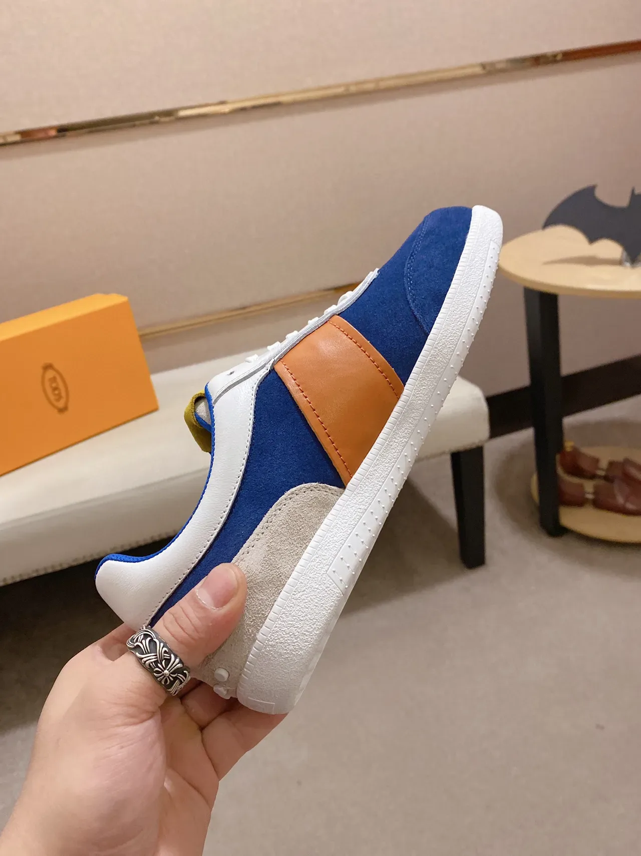 Tod's Navy Beige Camurça Upper Couro Tan Listra Lateral Tênis Lifestyle 7
