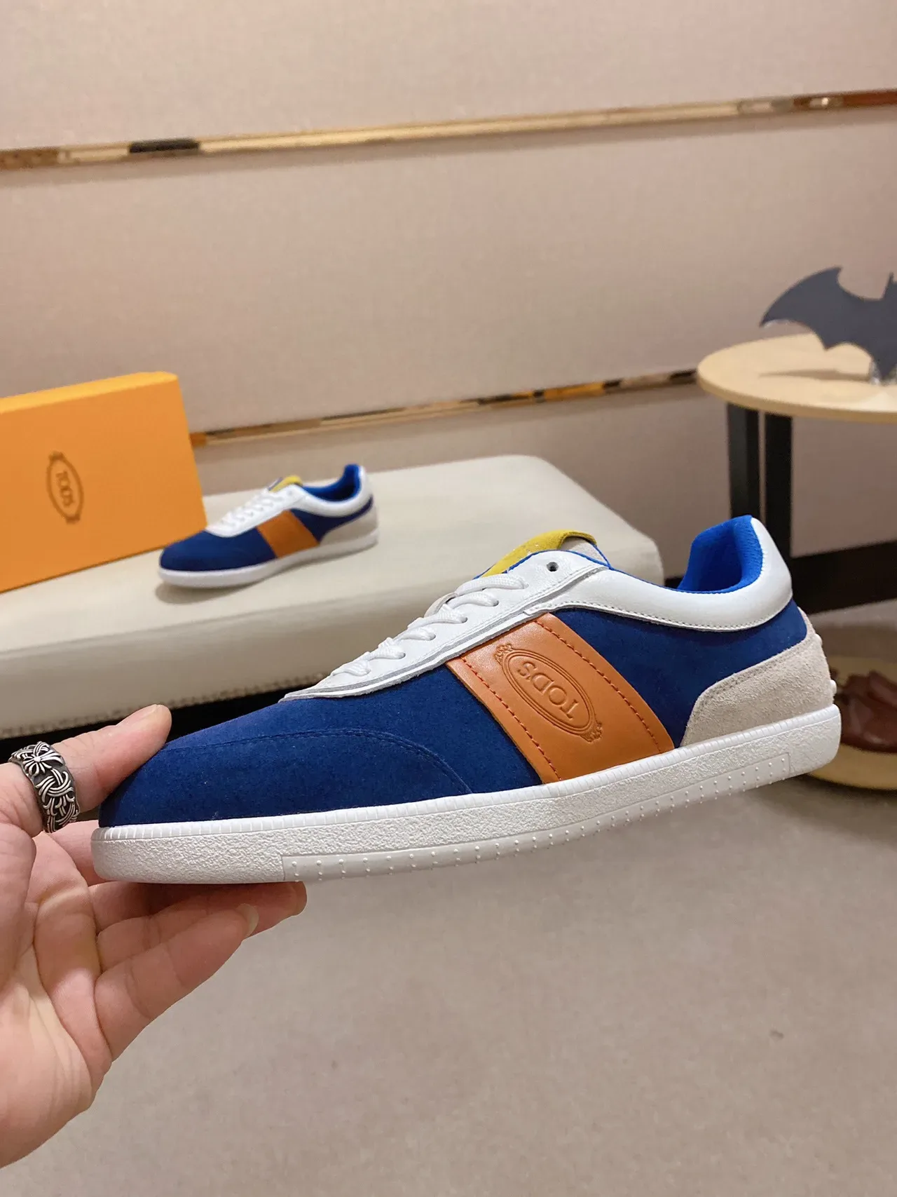 Tod's Navy Beige Camurça Upper Couro Tan Listra Lateral Tênis Lifestyle 8