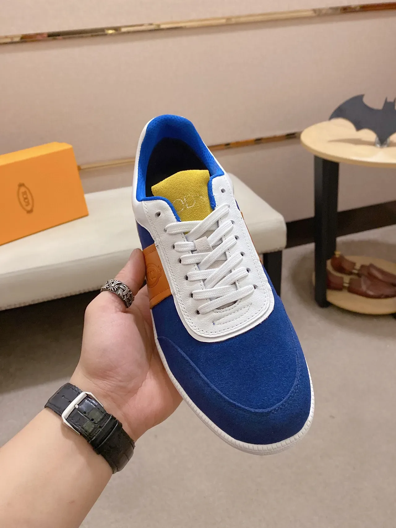 Tod's Navy Beige Camurça Upper Couro Tan Listra Lateral Tênis Lifestyle 9