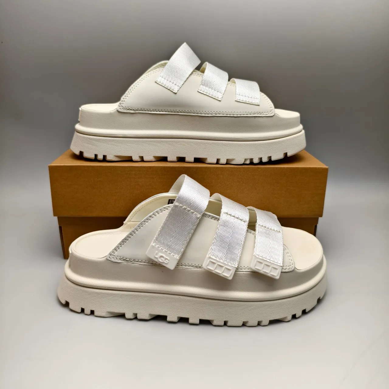 UGG Beige Triple-Strap Platform Sole Slippers 5