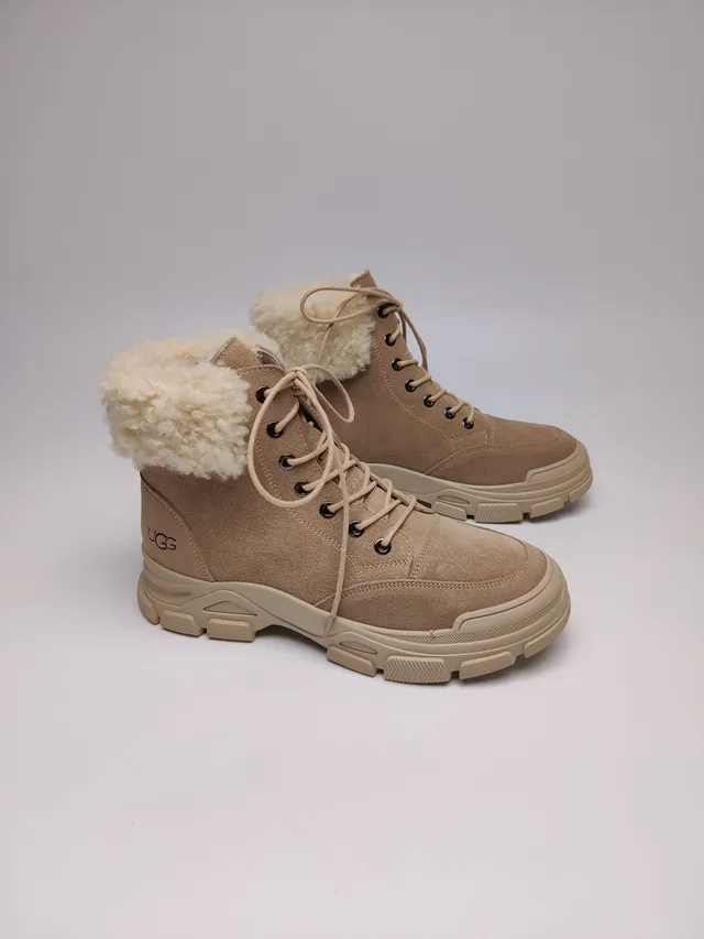 UGG Beige White Lace-Up Shearling-Lined Snow Boots 8