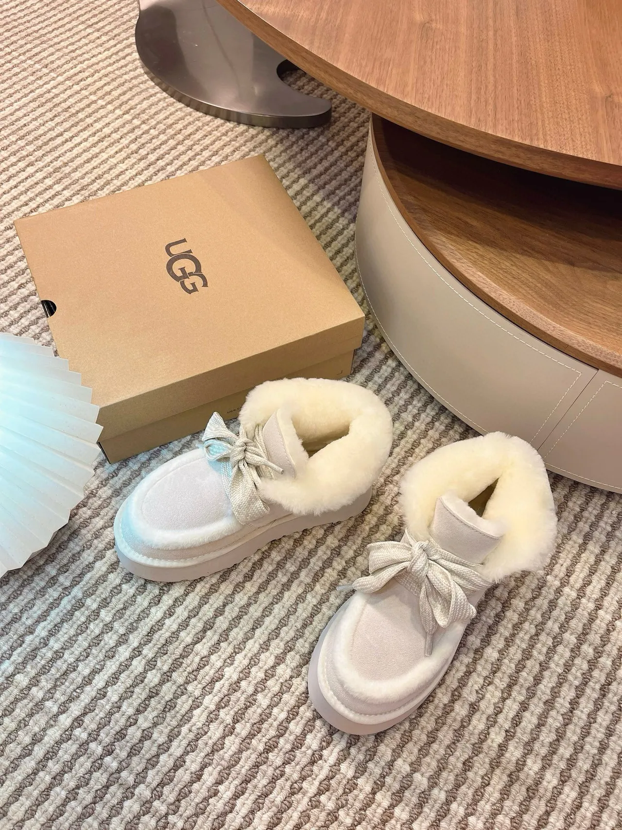 UGG Beige White Platform Sole Shearling-Lined Snow Boots 4