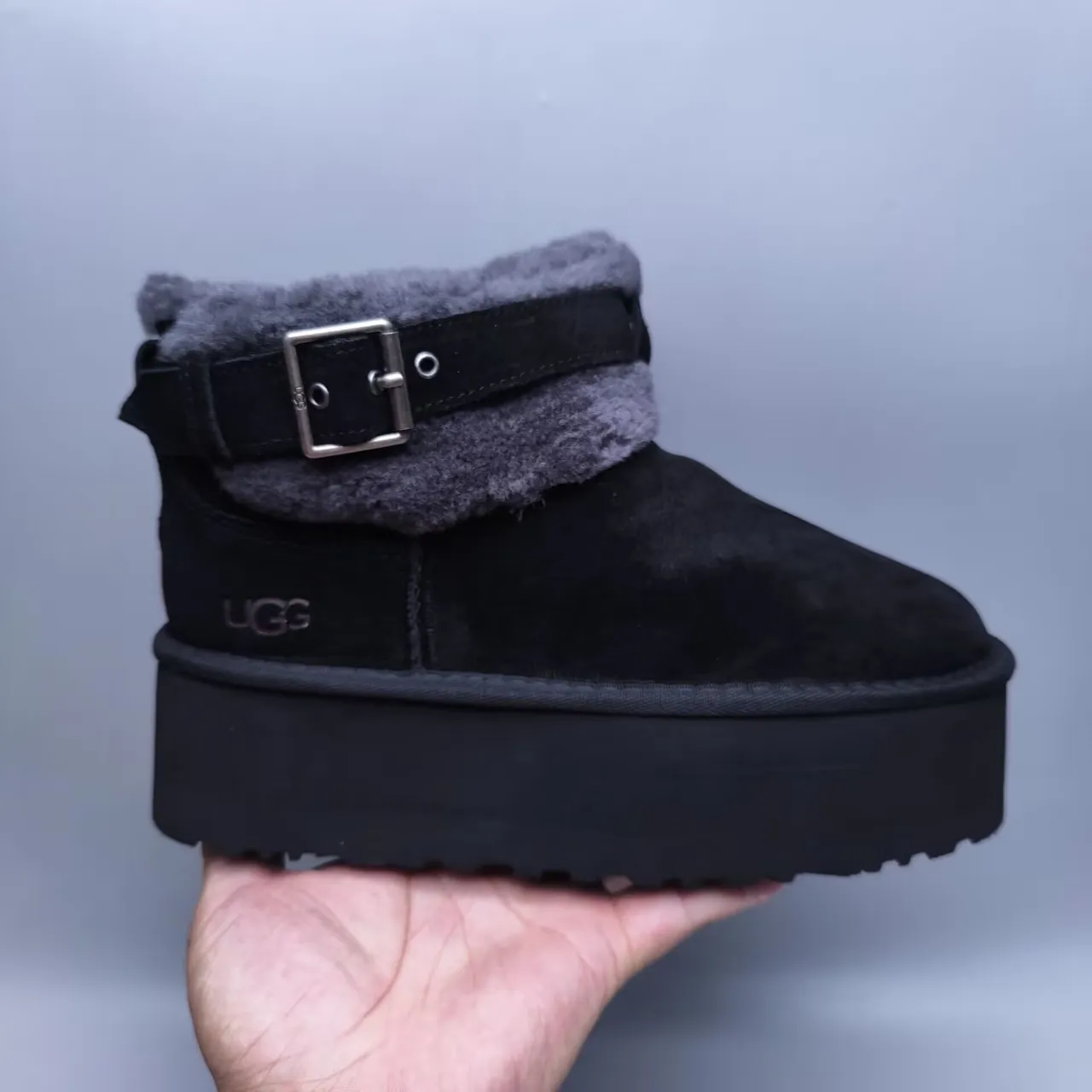 UGG Black Gray Platform Sole Shearling Cuff Snow Boots 2