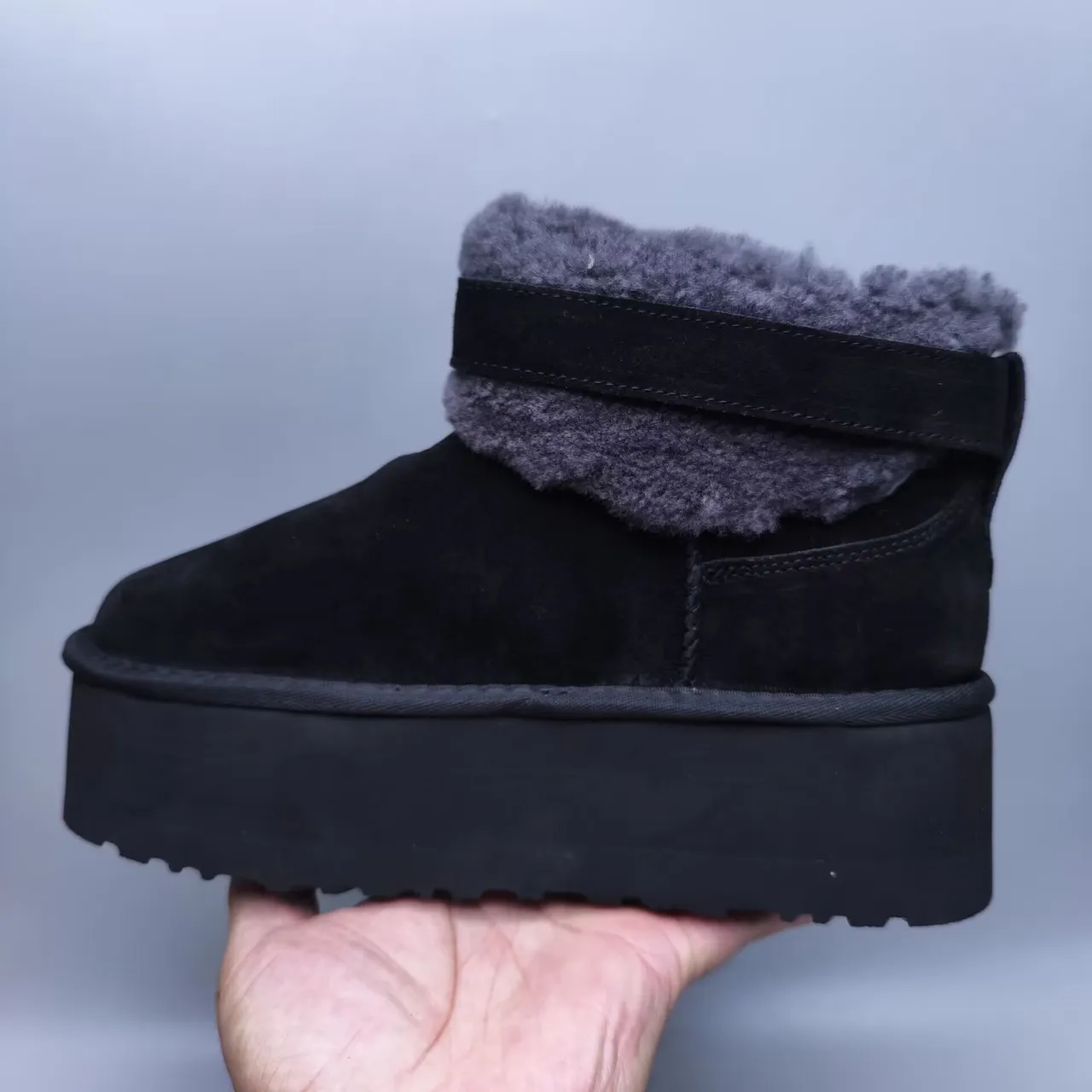 UGG Black Gray Platform Sole Shearling Cuff Snow Boots 4