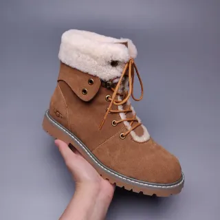 UGG Brown Beige Suede Upper Shearling-Lined Collar Ankle Boots
