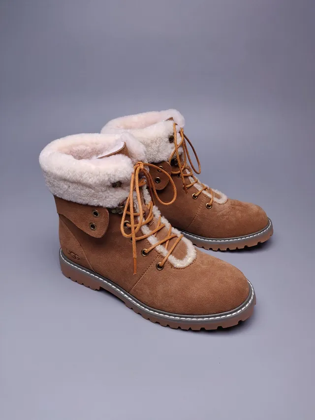 UGG Brown Beige Suede Upper Shearling-Lined Collar Ankle Boots 3