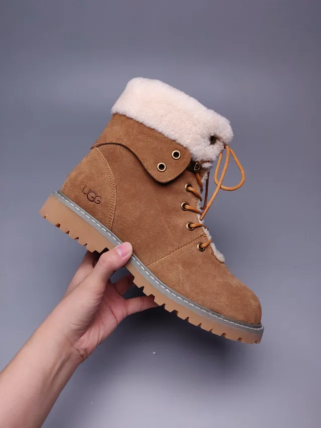 UGG Brown Beige Suede Upper Shearling-Lined Collar Ankle Boots 5