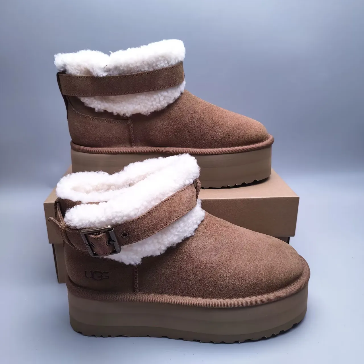 UGG Tasman Brown White Suede Upper Shearling-Lined Cuff Snow Boots 2