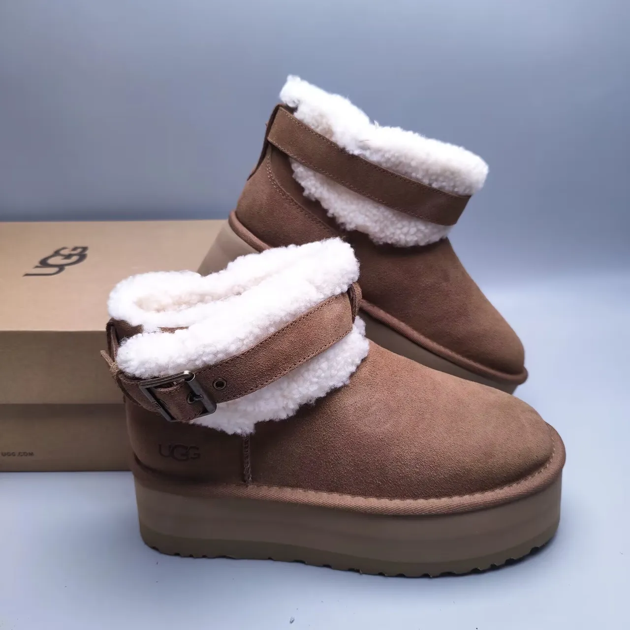 UGG Tasman Brown White Suede Upper Shearling-Lined Cuff Snow Boots 5