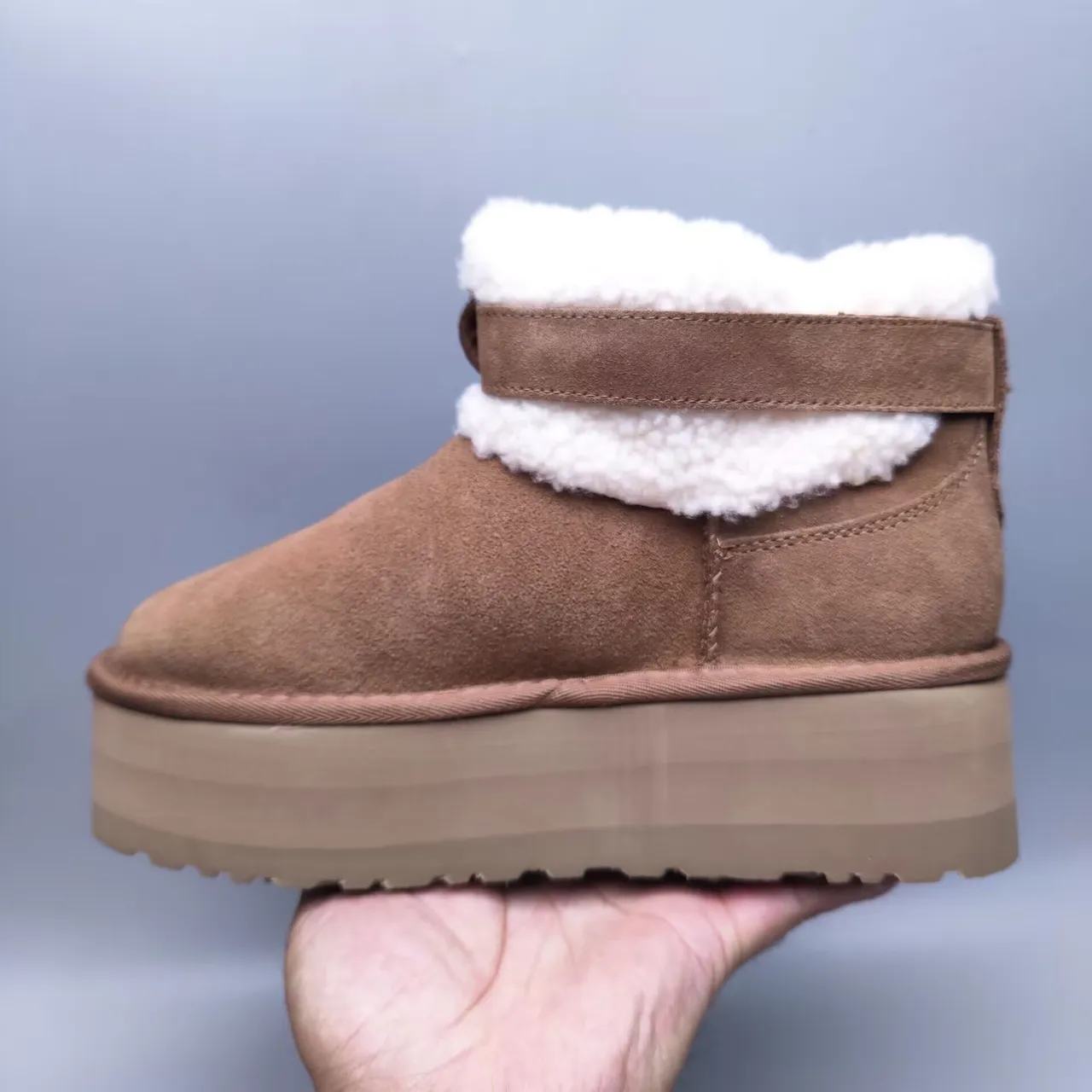 UGG Tasman Brown White Suede Upper Shearling-Lined Cuff Snow Boots 6