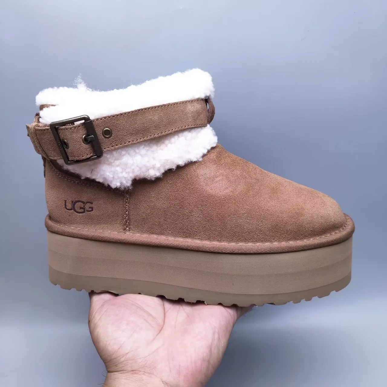 UGG Tasman Brown White Suede Upper Shearling-Lined Cuff Snow Boots 7