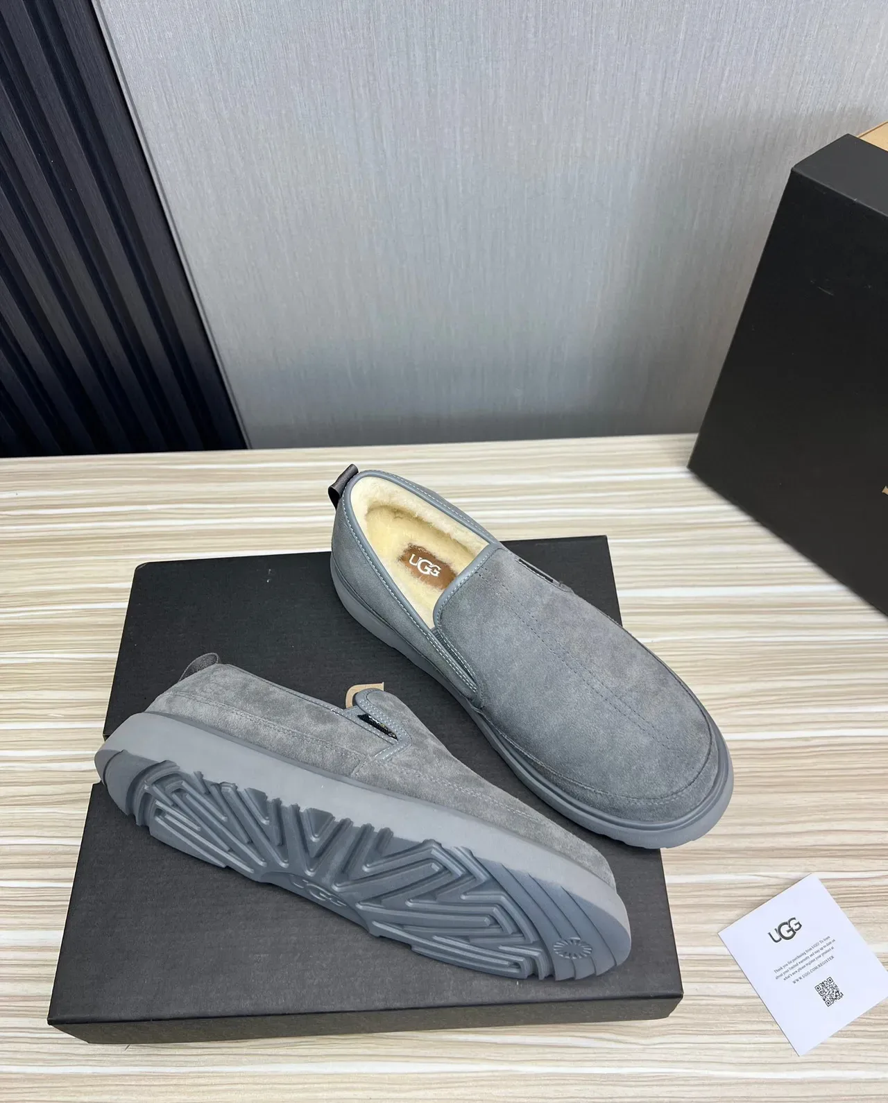 UGG Tasman Gray Suede Shearling-Lined Slip-On Loafers 5