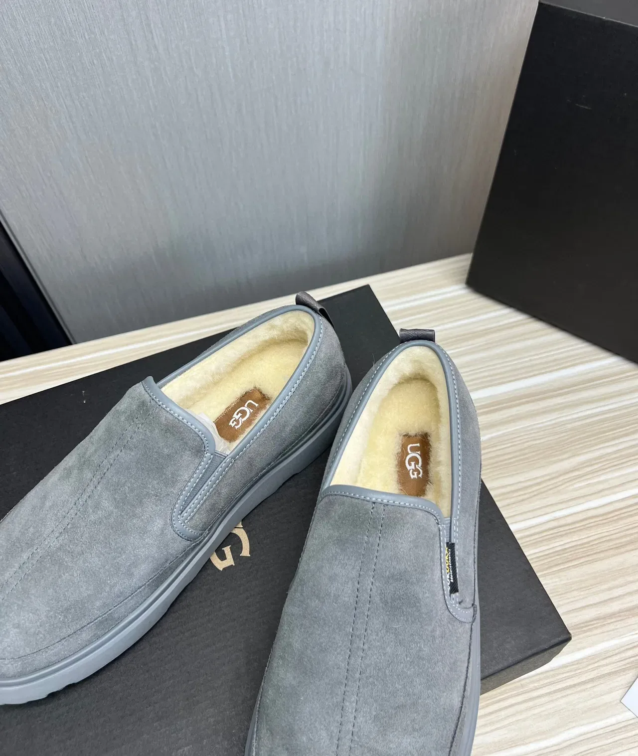 UGG Tasman Gray Suede Shearling-Lined Slip-On Loafers 7