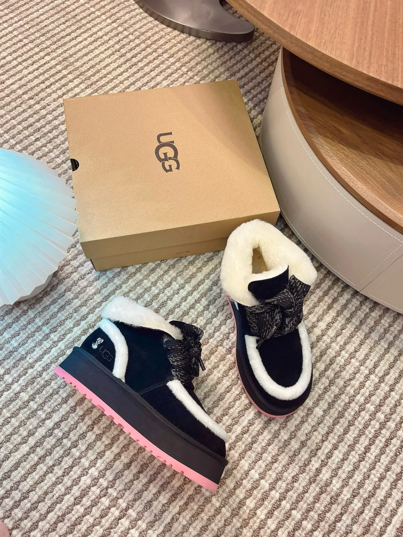 UGG Tasman-Inspired Black and White Shearling Platform Snow Boots 2