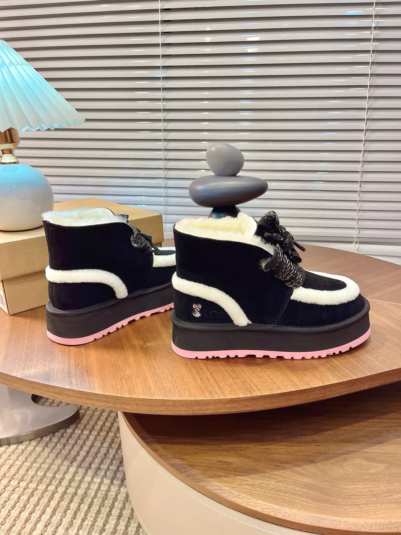 UGG Tasman-Inspired Black and White Shearling Platform Snow Boots 3
