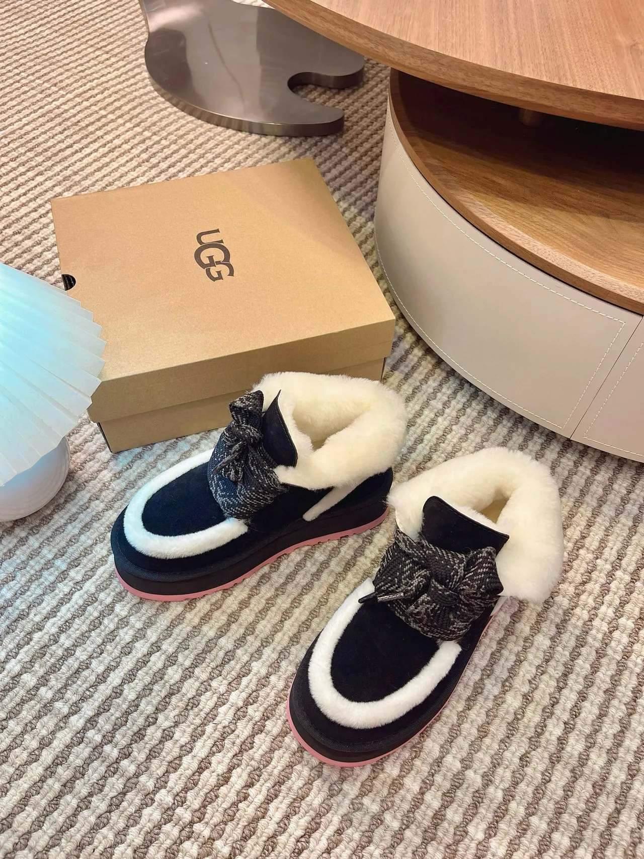 UGG Tasman-Inspired Black and White Shearling Platform Snow Boots 4