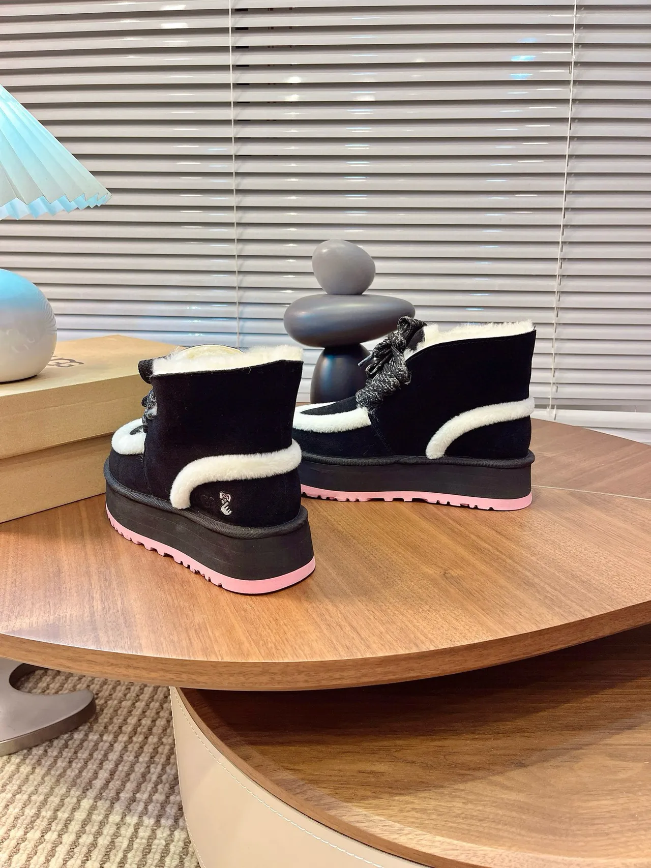 UGG Tasman-Inspired Black and White Shearling Platform Snow Boots 5