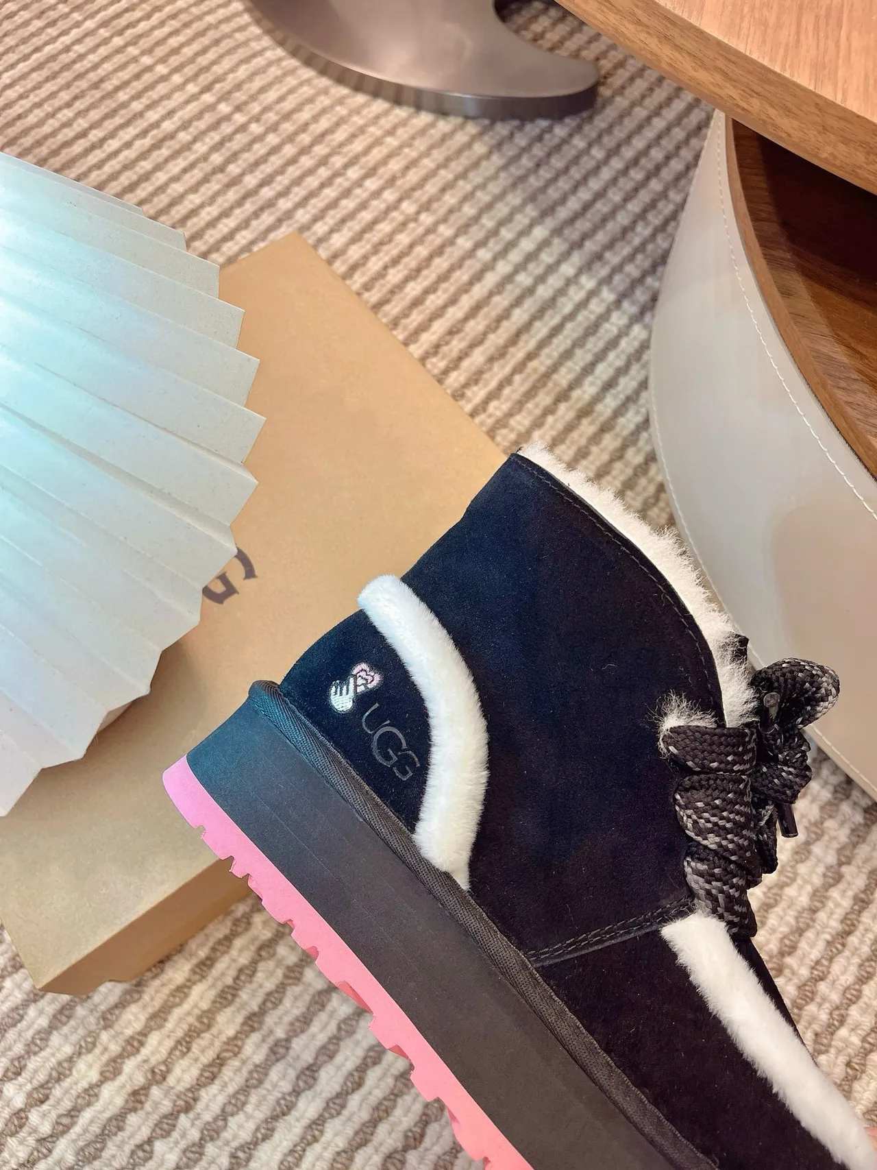UGG Tasman-Inspired Black and White Shearling Platform Snow Boots 6