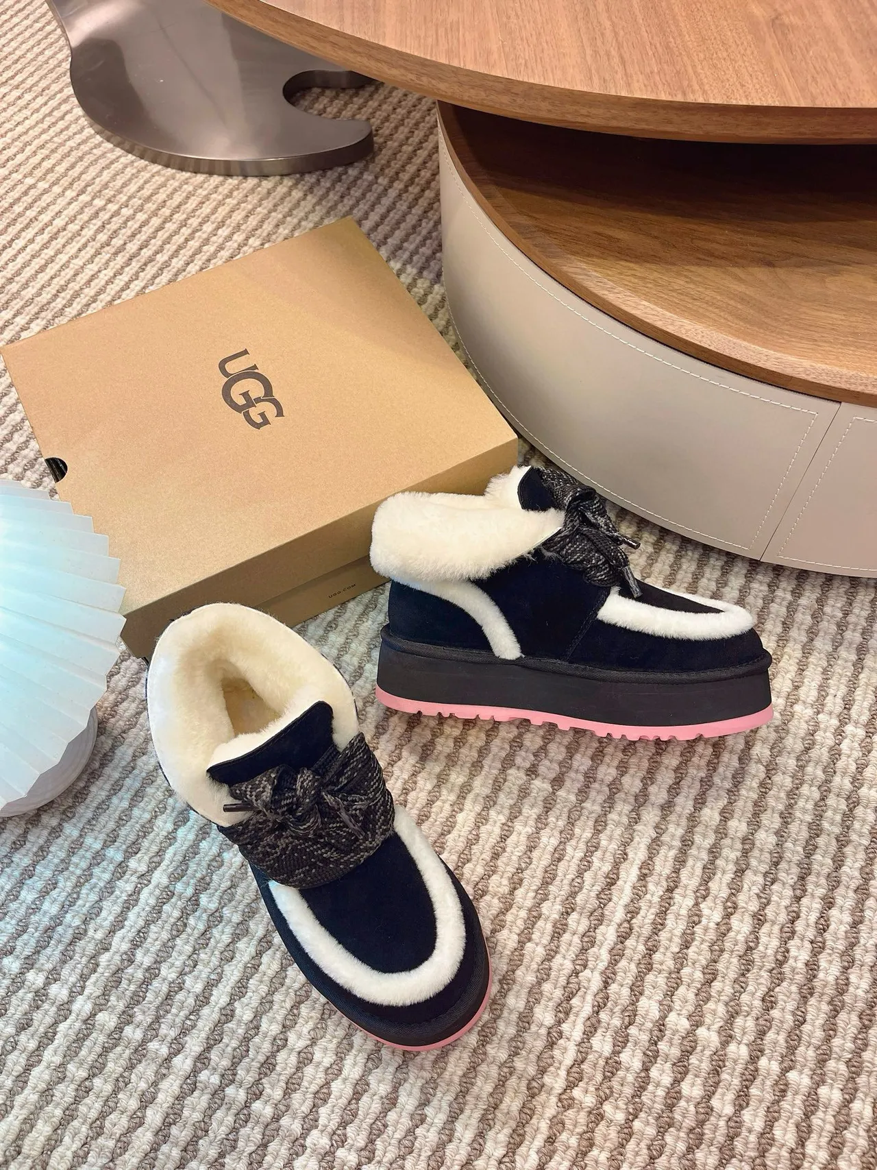 UGG Tasman-Inspired Black and White Shearling Platform Snow Boots 7